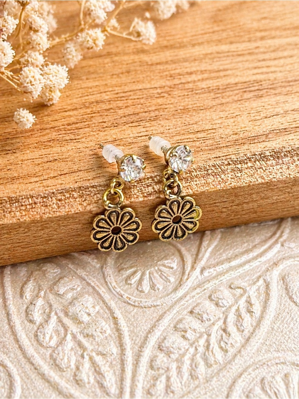 Gold Flower Drop Stud Earrings with Clear Crystal